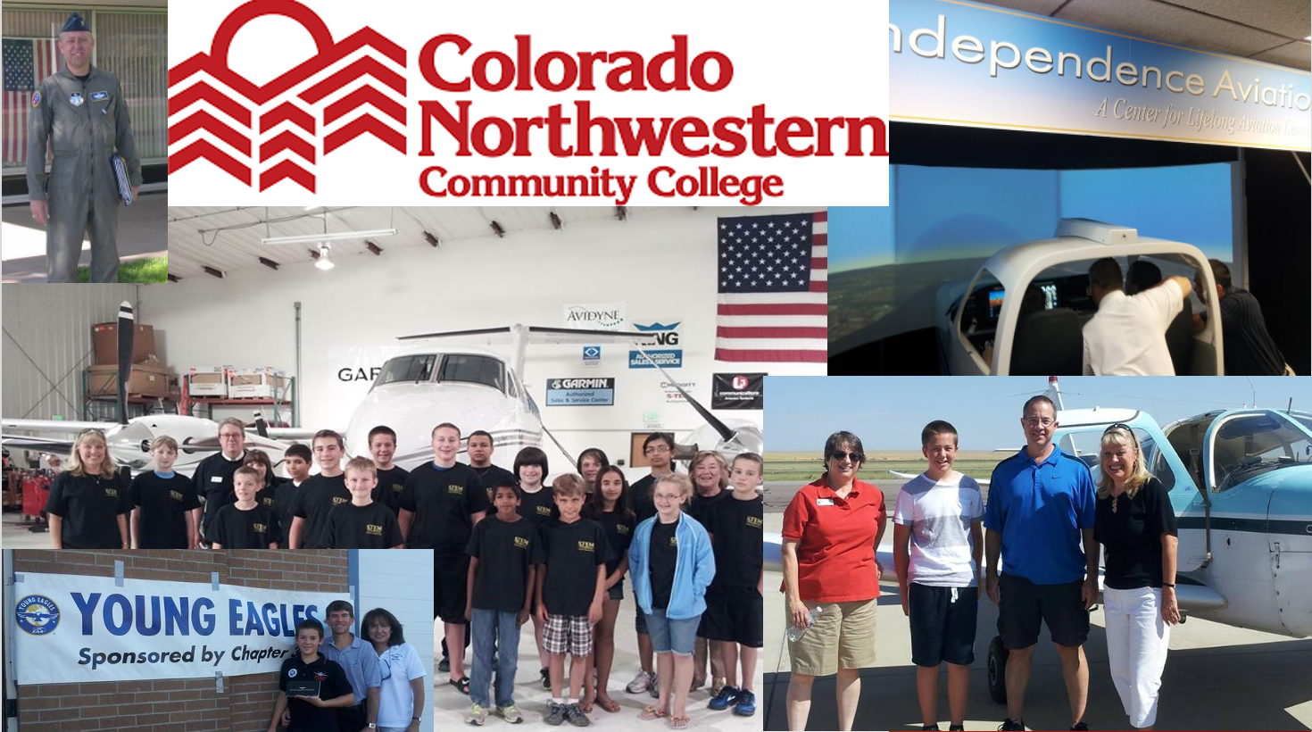 Collage of aviation pathway activities including Young Eagles program, CNCC partnership, flight simulators, and student groups at Centennial Airport